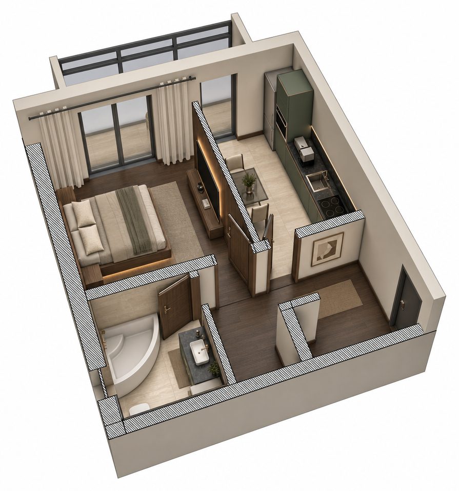 Plan mobilat 3D, apartament o camera cu logie: camera de zi, bucatarie, hol si baie.