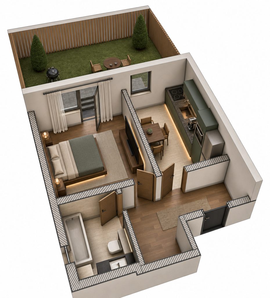 Plan mobilat 3D, apartament o camera la parter, cu gradina proprie imprejmuita: camera de zi, bucatarie, hol si baie.