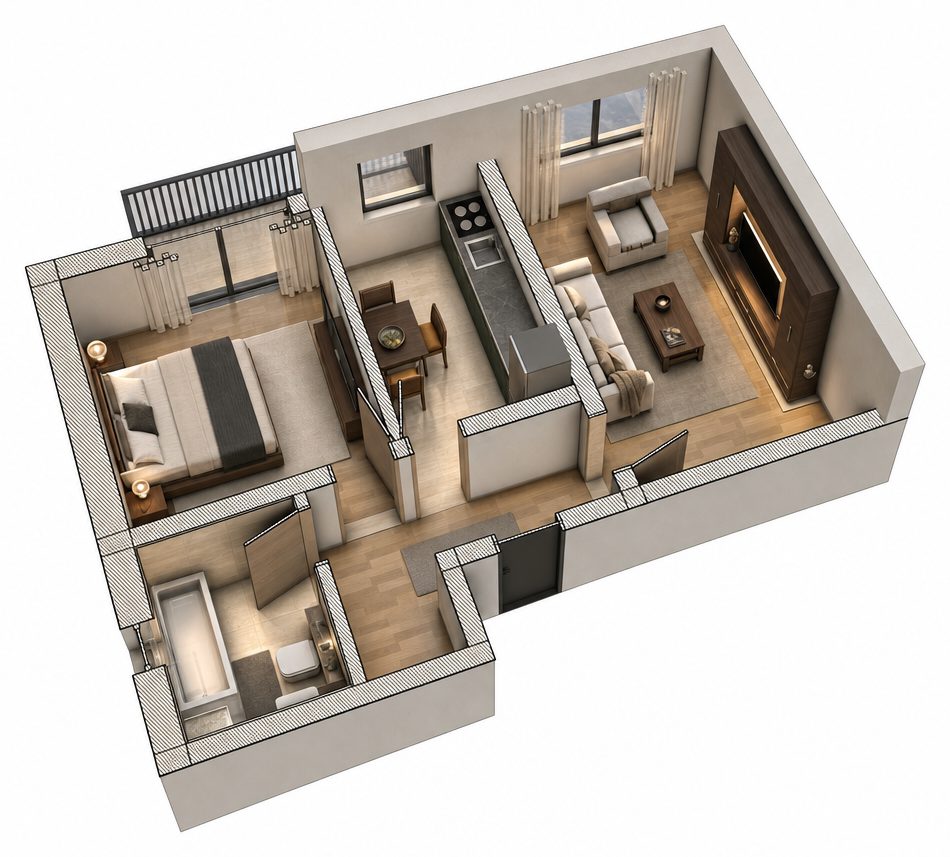 Plan mobilat 3D, apartament doua camere cu balcon: camera de zi, dormitor, bucatarie, hol si baie.