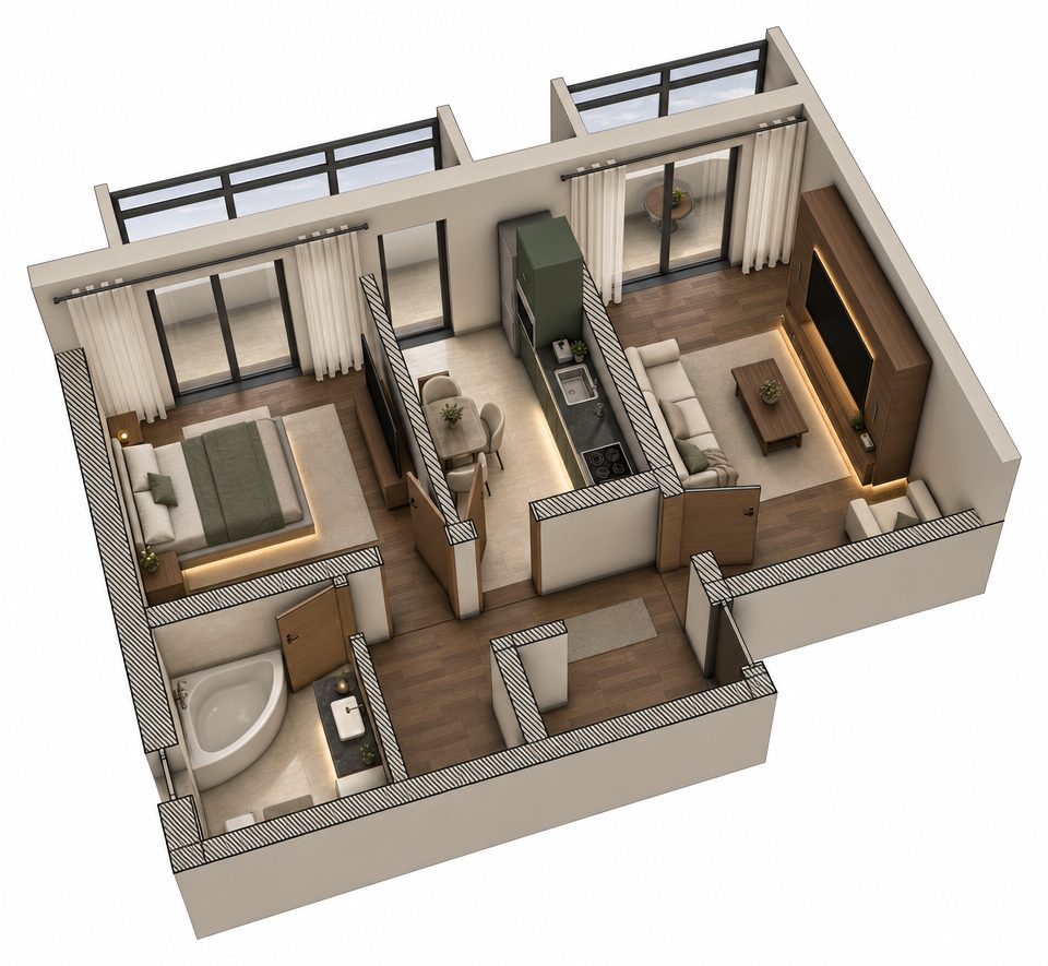 Plan mobilat 3D, apartament doua camere cu logie: camera de zi, dormitor, bucatarie, hol si baie.