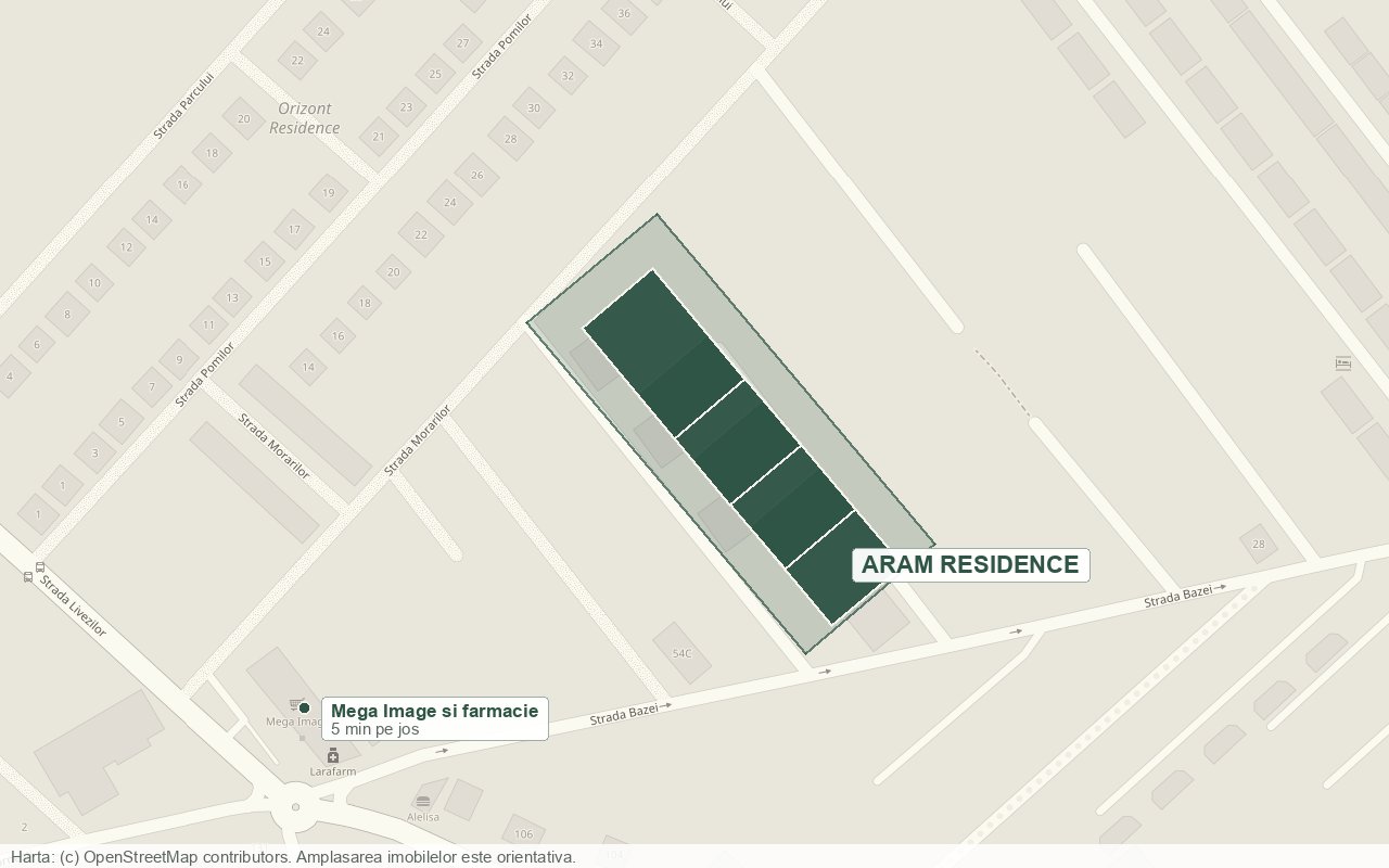 Harta Valea Adanca: ansamblul ARAM Residence intre strada Bazei si strada Morarilor, cu statia Cinci Drumuri, Mega Image, Penny Market si scoala in apropiere.
